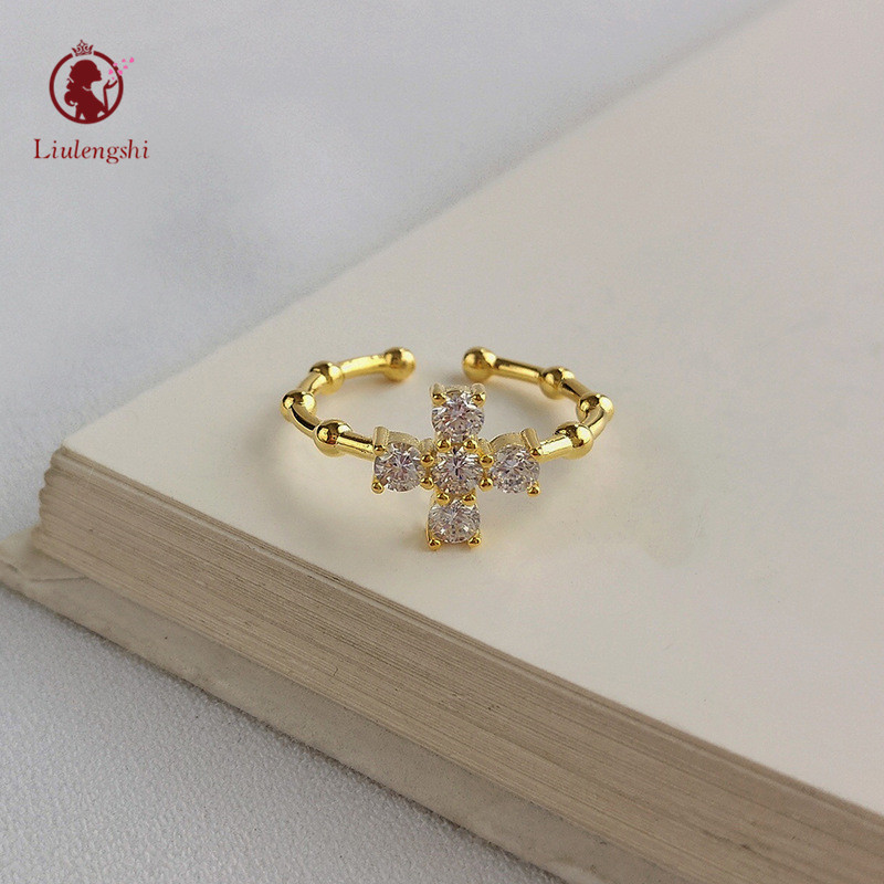 Fashion 18K Gold Jewelry Bamboo Beads Rosary Rings 925 Sterling Silver Crystal Zircon Cross Rings Women