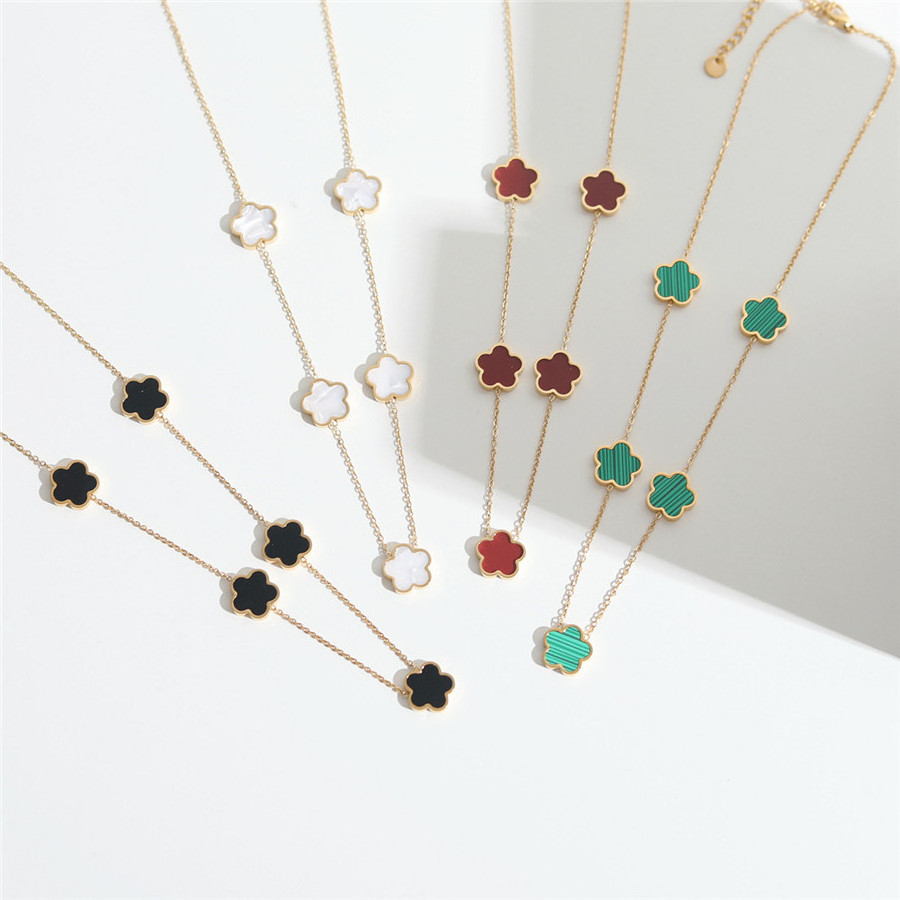 YX003 Real 18k Gold Plated Black Enamel Flower Necklace Stainless Steel White Shell Clovers Five Leaf Flower Necklace