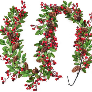 Red Berry Christmas Garland with Pine Cone Garland Artificial Garland Indoor Outdoor Garden Gate Home Decoration