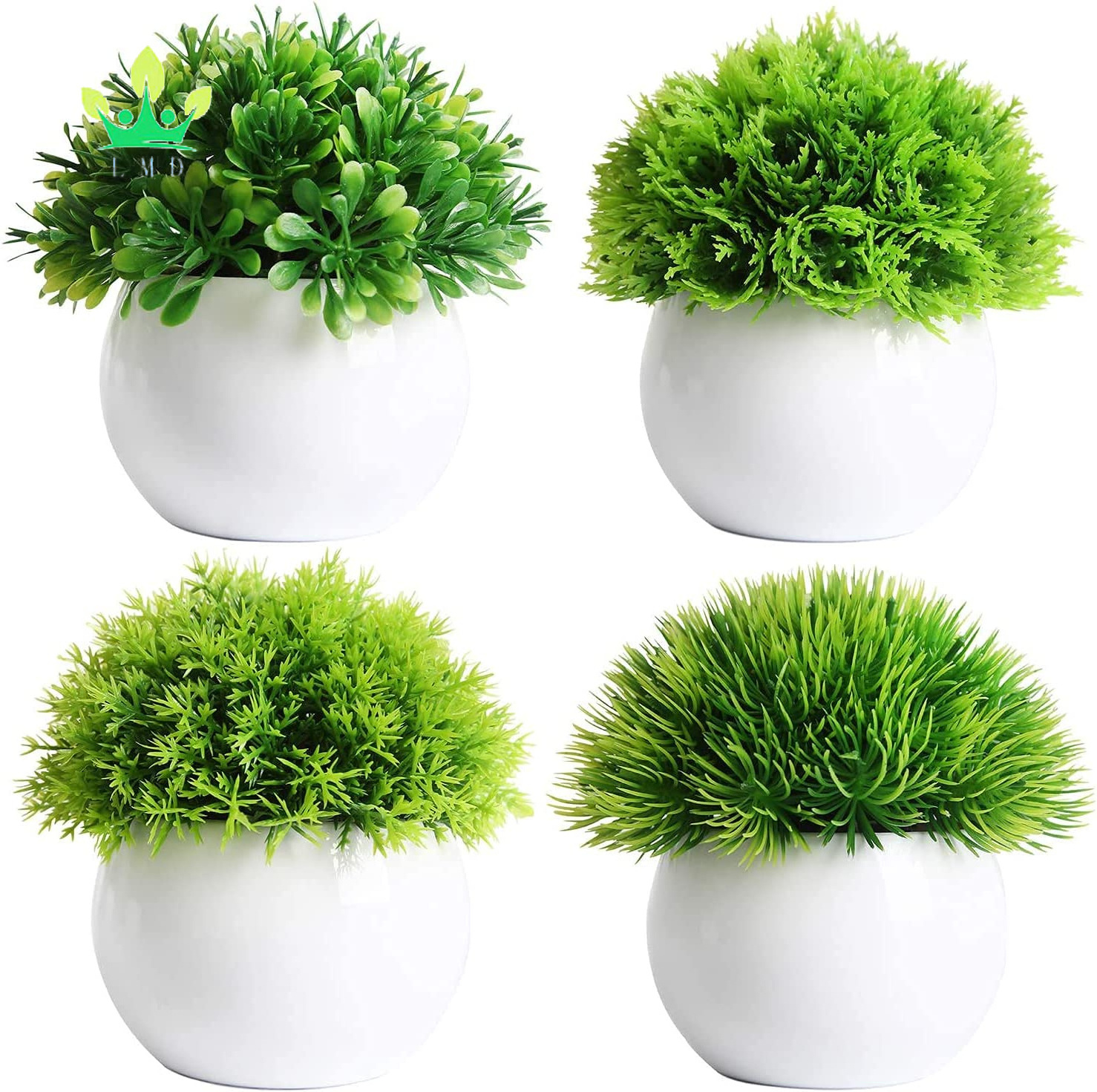 Mini Artificial Plants Potted Fake Bonsai Ball Plant Faux Green Grass in White Plastic Pots for Indoor Home Desk Decor