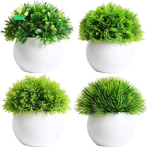 Mini Artificial Plants Potted Fake Bonsai Ball Plant Faux Green Grass in White Plastic Pots for Indoor Home Desk Decor