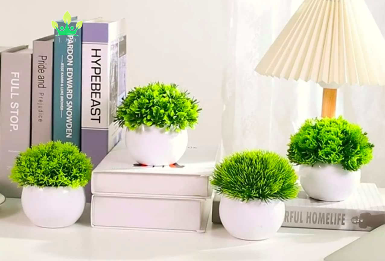 Mini Artificial Plants Potted Fake Bonsai Ball Plant Faux Green Grass in White Plastic Pots for Indoor Home Desk Decor