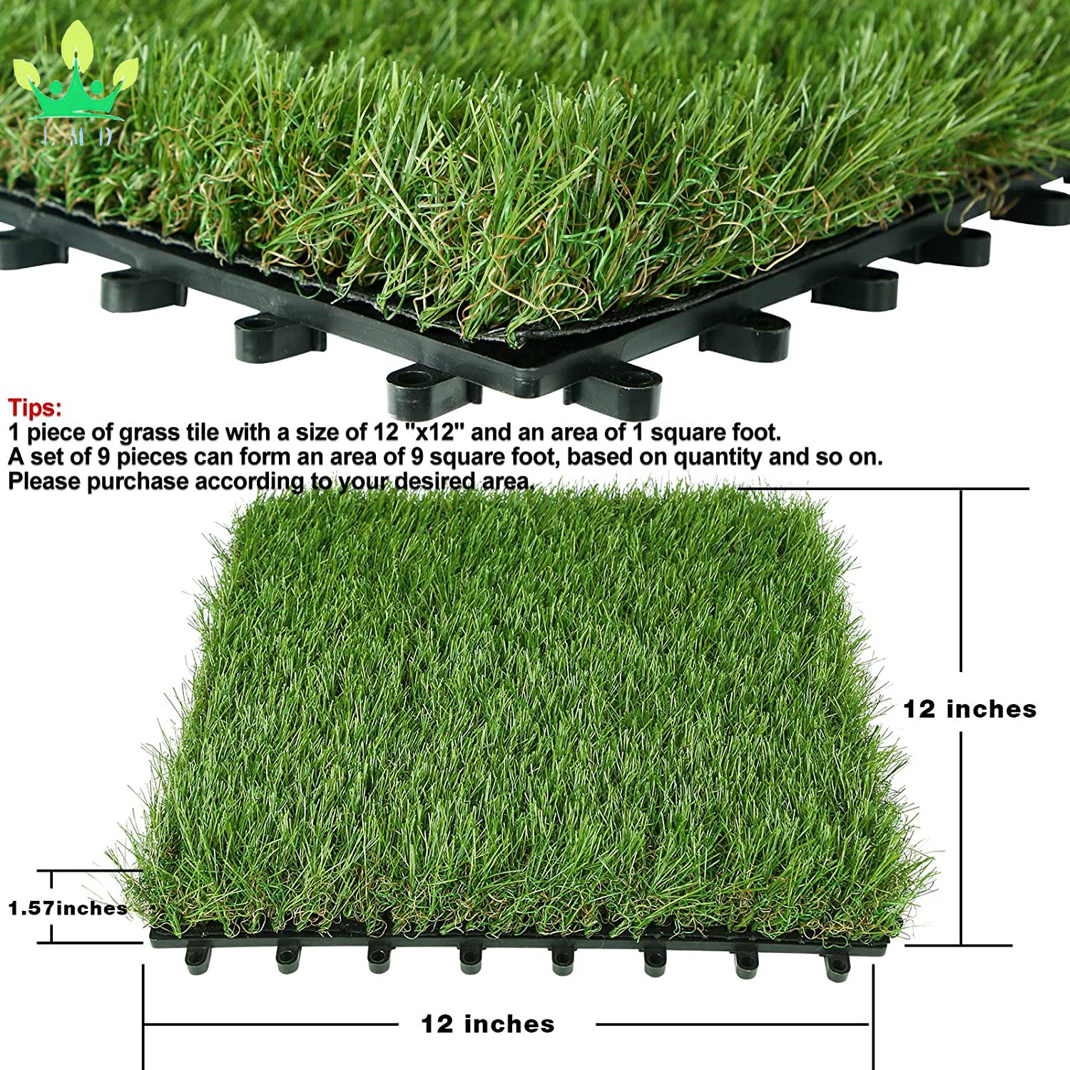 Artificial Grass Tiles Interlocking Turf Deck Set 9 Pcs Synthetic Grass Mat Flooring Decor Pad for Dog Pet Indoor Outdoor