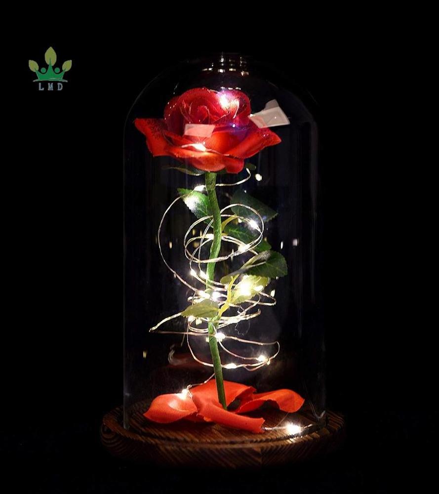 Beauty The Beast Enchanted Rose in Glass Dome Red Flower LED Lamp Night Light with Fallen Petals on a Wooden Base