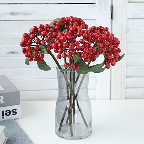 6Pcs Artificial Red Berries Twig 11.8'' Single Stem Faux Holly Berry Plant Branches for Home Office Party Hotel Christmas Tree