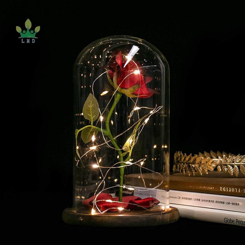 Beauty The Beast Enchanted Rose in Glass Dome Red Flower LED Lamp Night Light with Fallen Petals on a Wooden Base