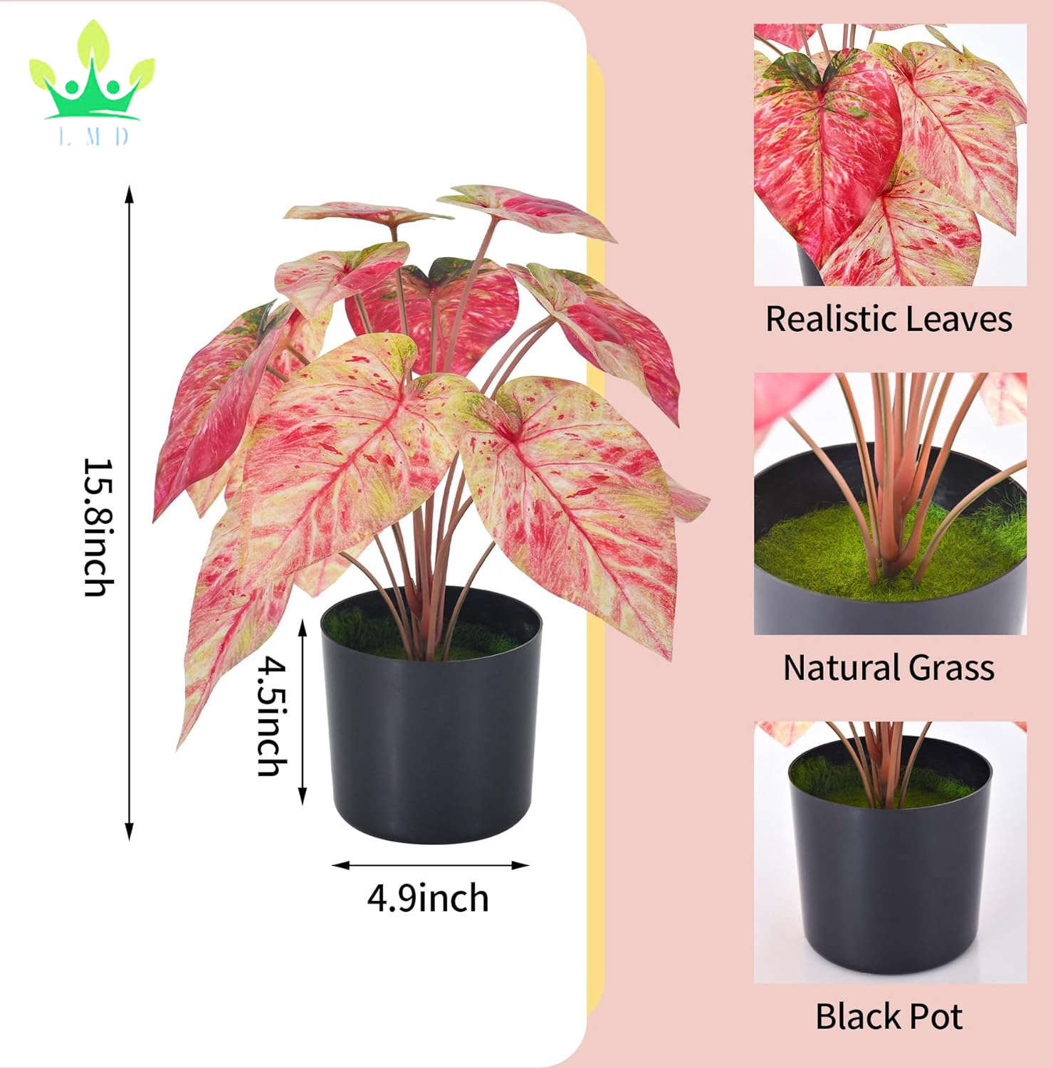 Artificial Potted Pink Caladium Plants Indoor Faux Taro Plant in Pots for Home Office Desk Bathroom Bedroom Greenery Decoration