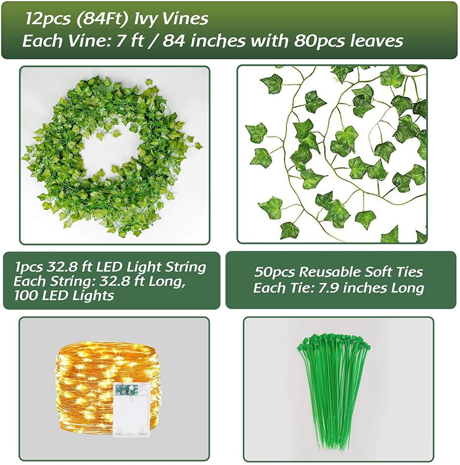 Artificial Ivy with Strings - Vines Artificial Ivy Leaf Plants, Silk Ivy Garland Greenery Artificial Hanging Plant for Decor