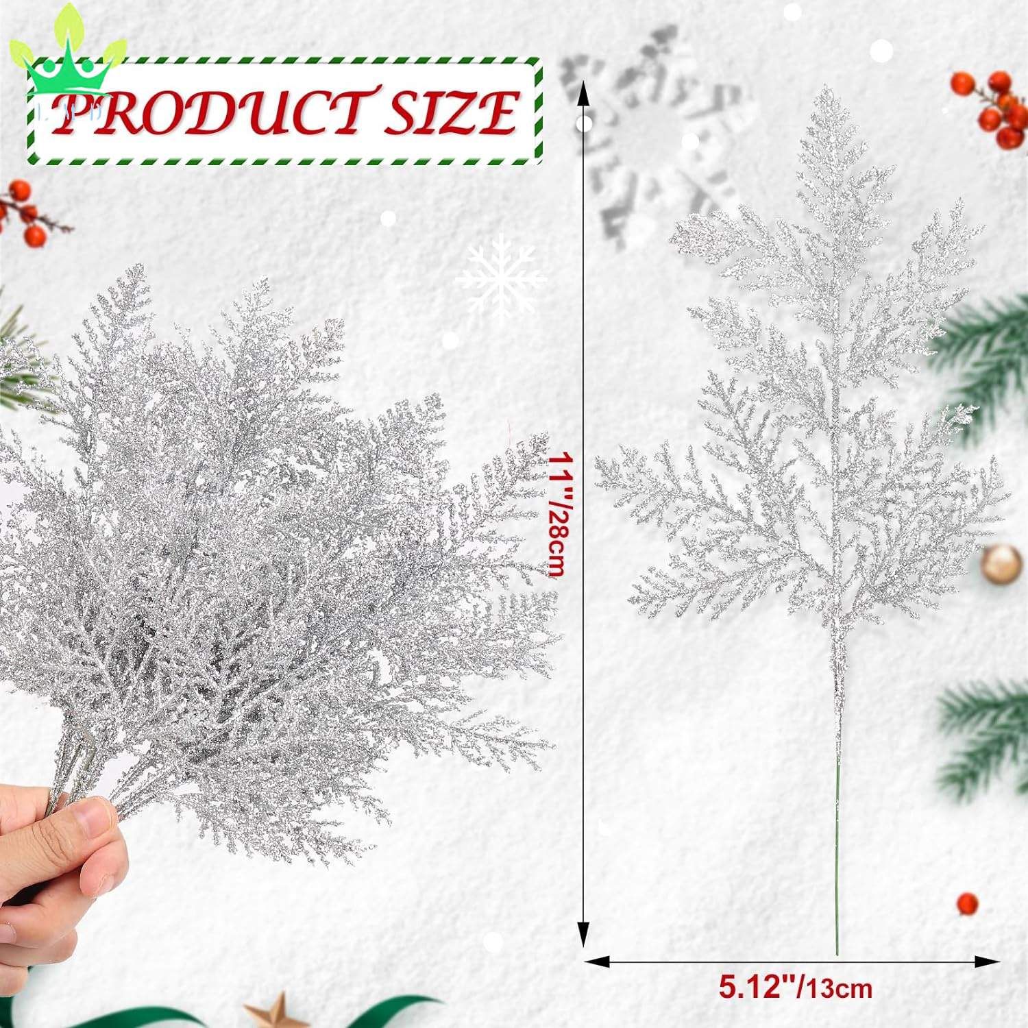 Artificial Pine Branches Needles Garland Picks Twigs Silver Glitter Christmas Tree Filler Branches for Wreaths Crafts Ornaments