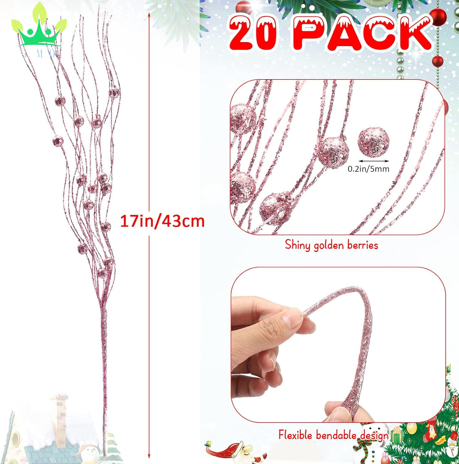 20 Pieces Valentine's Day Artificial Glitter Berry Stem Ornaments Twigs Tree Picks and Sprays Stick for Wedding DIY Wreath Craft