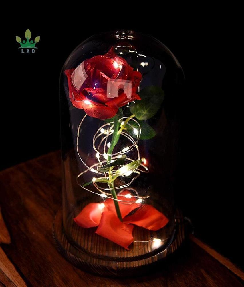 Beauty The Beast Enchanted Rose in Glass Dome Red Flower LED Lamp Night Light with Fallen Petals on a Wooden Base