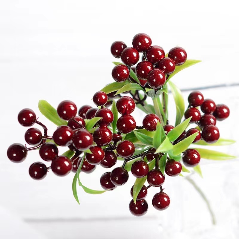 Artificial Holly Berry Stems with Snowflake Frosted Christmas Tree Berries Branches Red Sprays Berry Picks