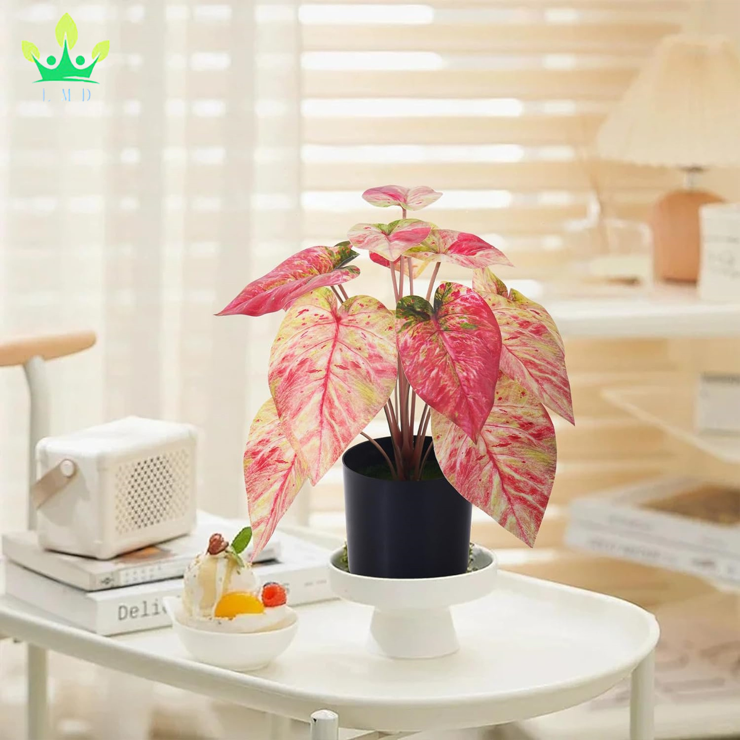 Artificial Potted Pink Caladium Plants Indoor Faux Taro Plant in Pots for Home Office Desk Bathroom Bedroom Greenery Decoration