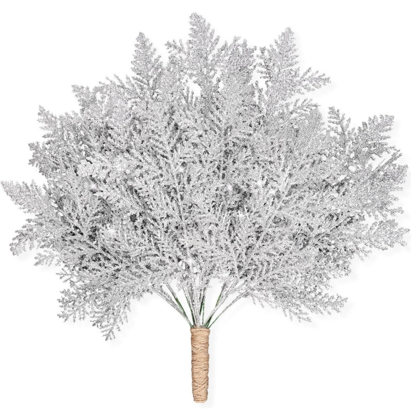 Artificial Pine Branches Needles Garland Picks Twigs Silver Glitter Christmas Tree Filler Branches for Wreaths Crafts Ornaments