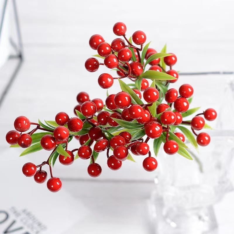 Artificial Holly Berry Stems with Snowflake Frosted Christmas Tree Berries Branches Red Sprays Berry Picks