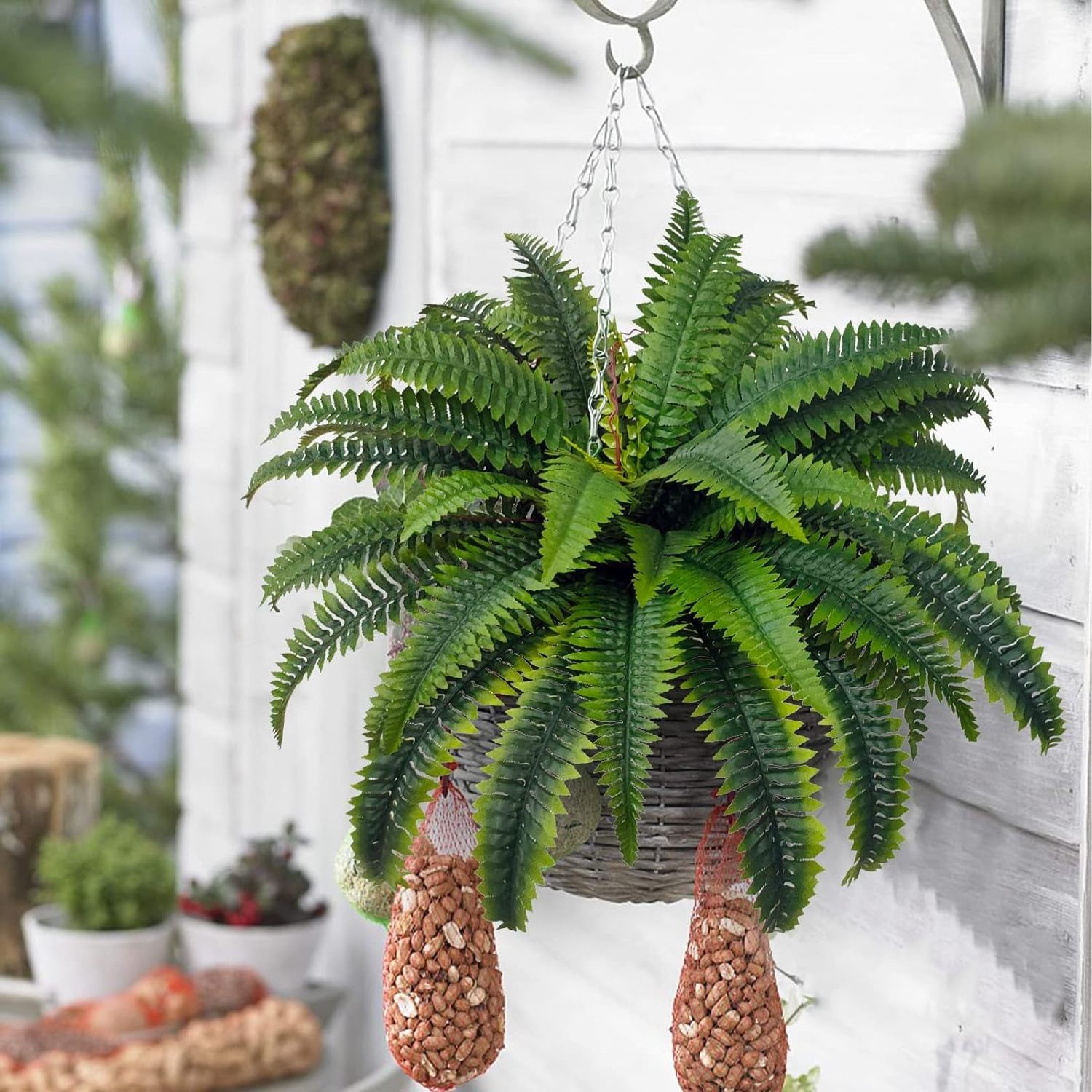 Boston Ferns Faux Hanging Plant Artificial Persian Rattan Outdoor UV Resistant Plastic Plants for Wall Garden Decor