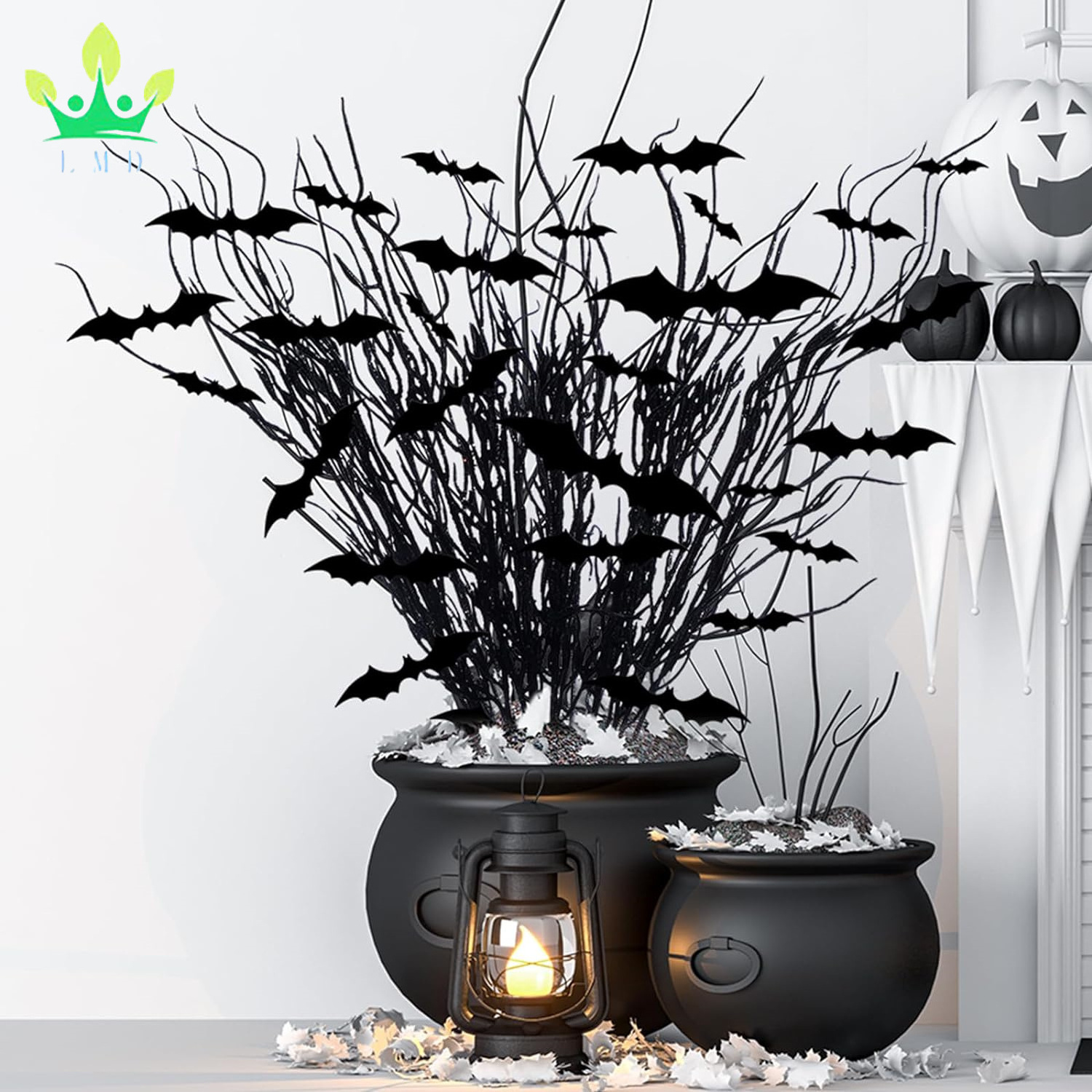 Halloween Artificial Curly Willow Branches and 3D Bats Wall Decals Stickers Tree Glittery Branch for Party Decorations Supplies