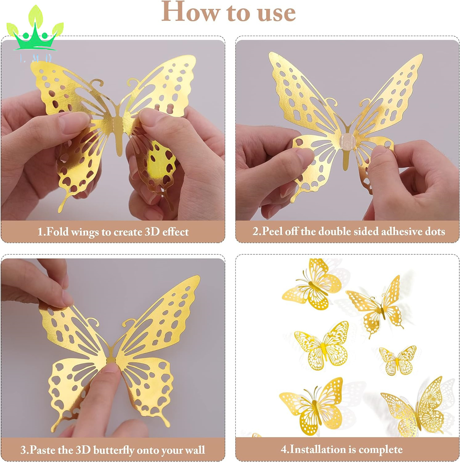 3D Butterfly Wall Decor 48 Pcs 4 Styles 3 Size Gold Butterfly for Birthday Party Cake Decorations Removable Stickers