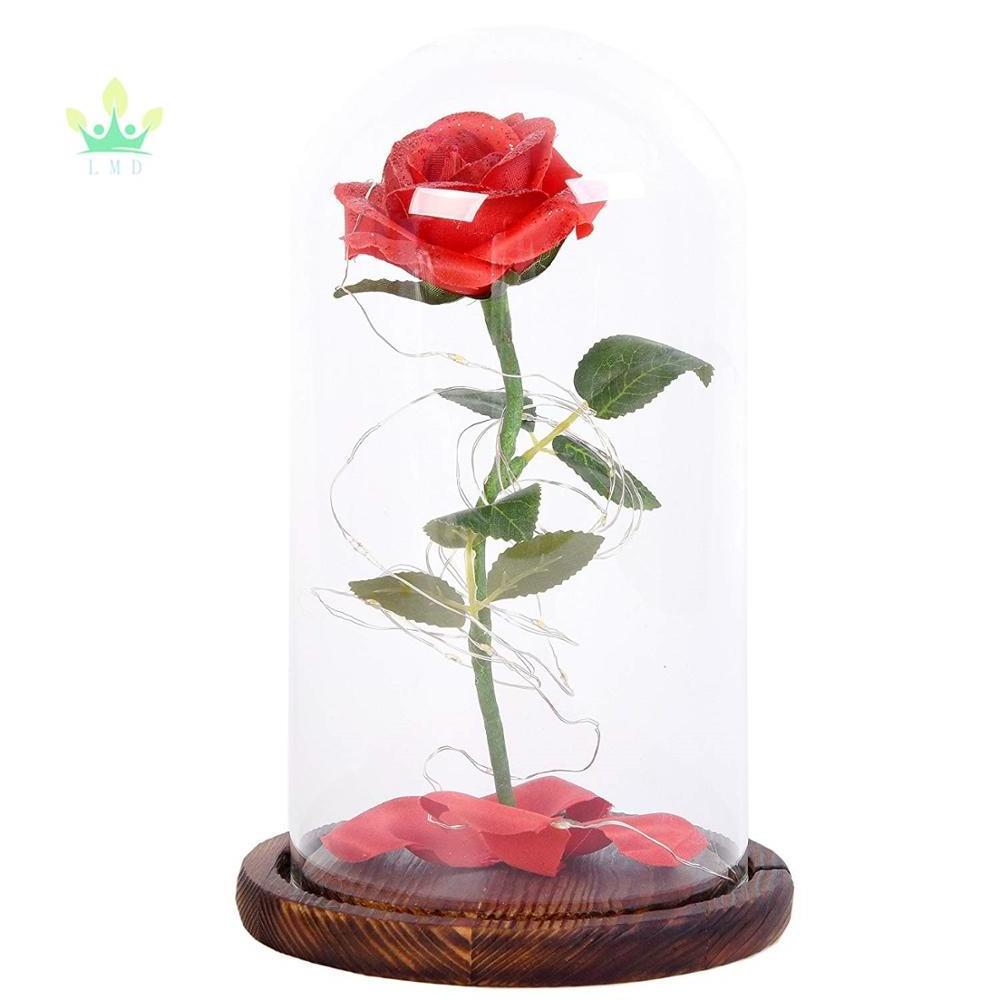 Beauty The Beast Enchanted Rose in Glass Dome Red Flower LED Lamp Night Light with Fallen Petals on a Wooden Base