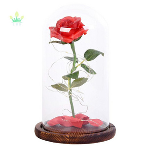 Beauty The Beast Enchanted Rose in Glass Dome Red Flower LED Lamp Night Light with Fallen Petals on a Wooden Base