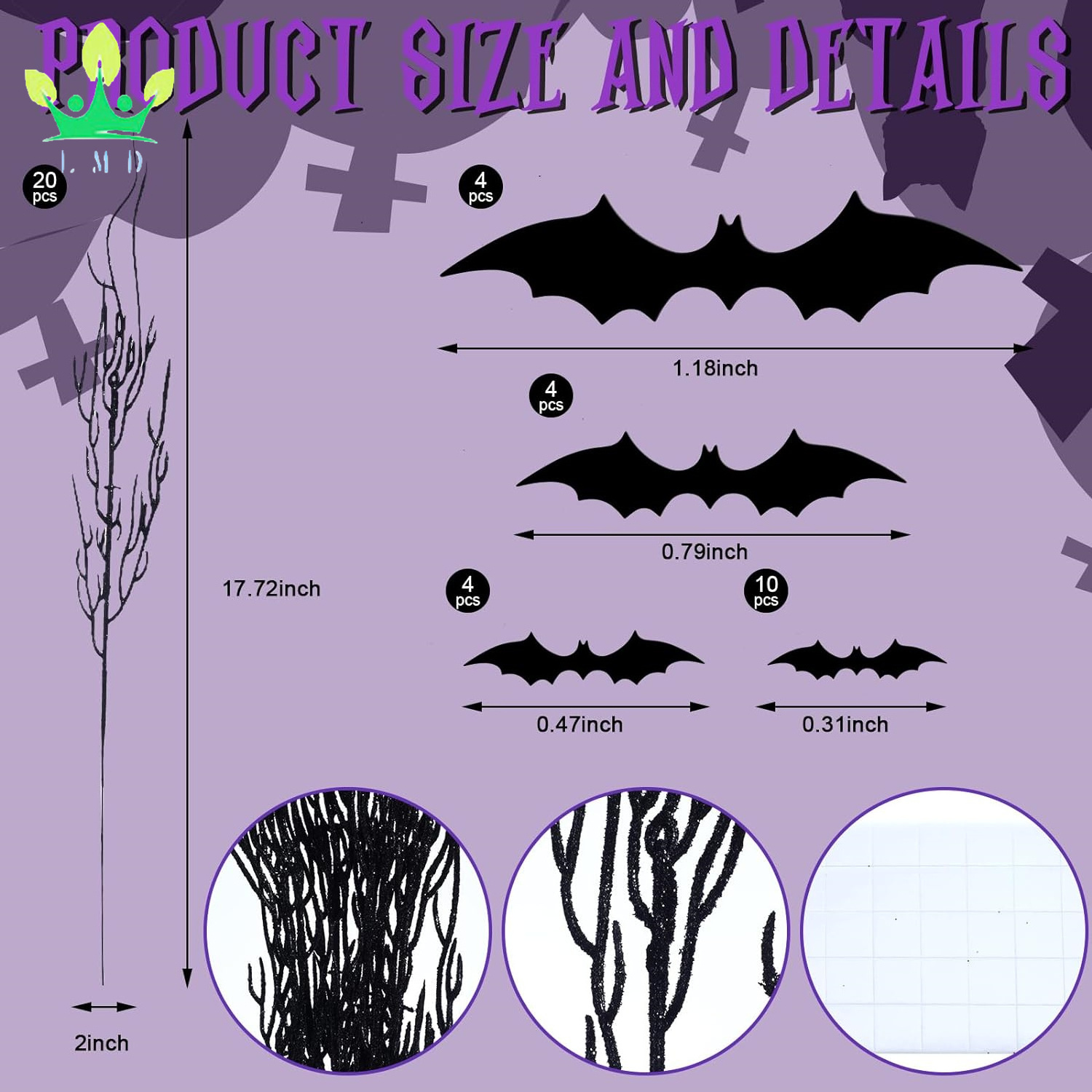 Halloween Artificial Curly Willow Branches and 3D Bats Wall Decals Stickers Tree Glittery Branch for Party Decorations Supplies