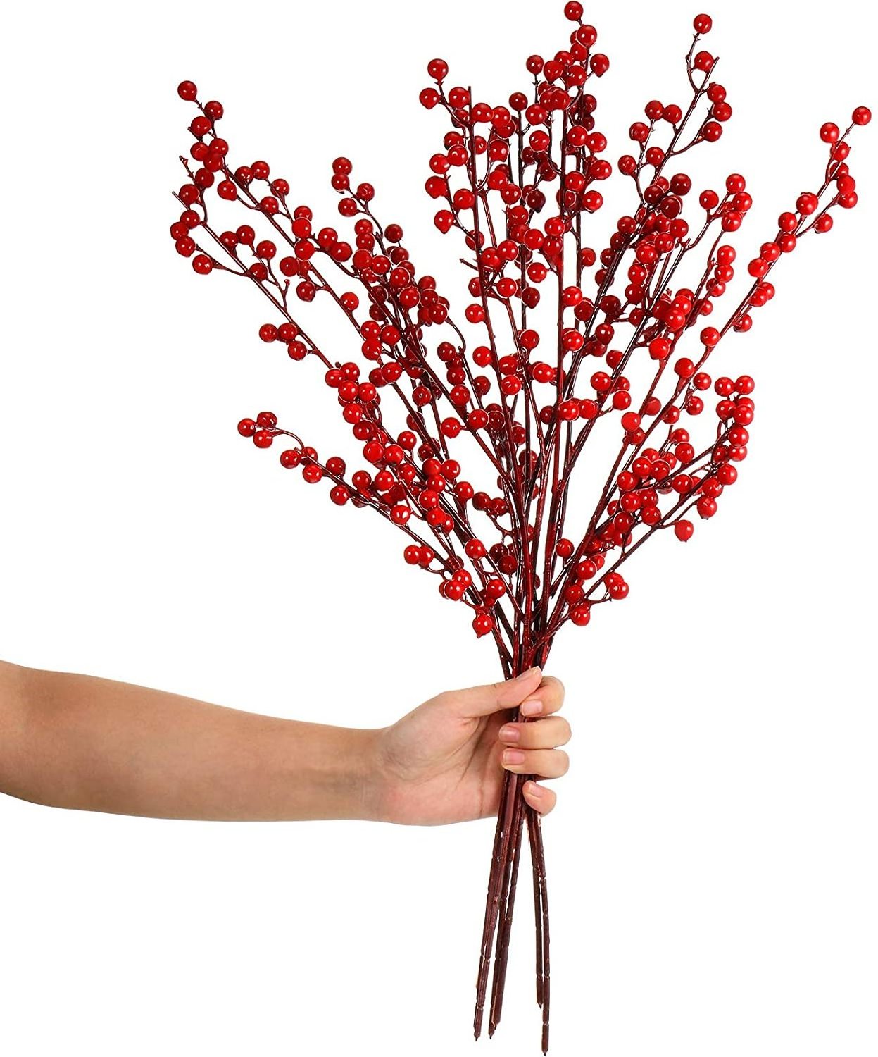 6Pcs Artificial Red Berries Twig 11.8'' Single Stem Faux Holly Berry Plant Branches for Home Office Party Hotel Christmas Tree