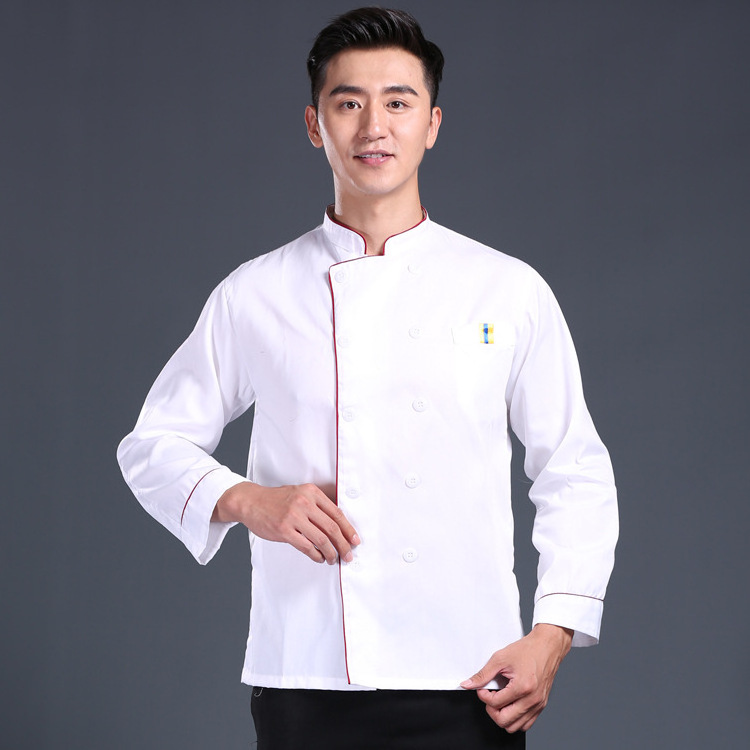 Custom restaurant hotel 50% cotton men and women fitted kitchen jacket white fabric long sleeves chef coat Italian chef uniform