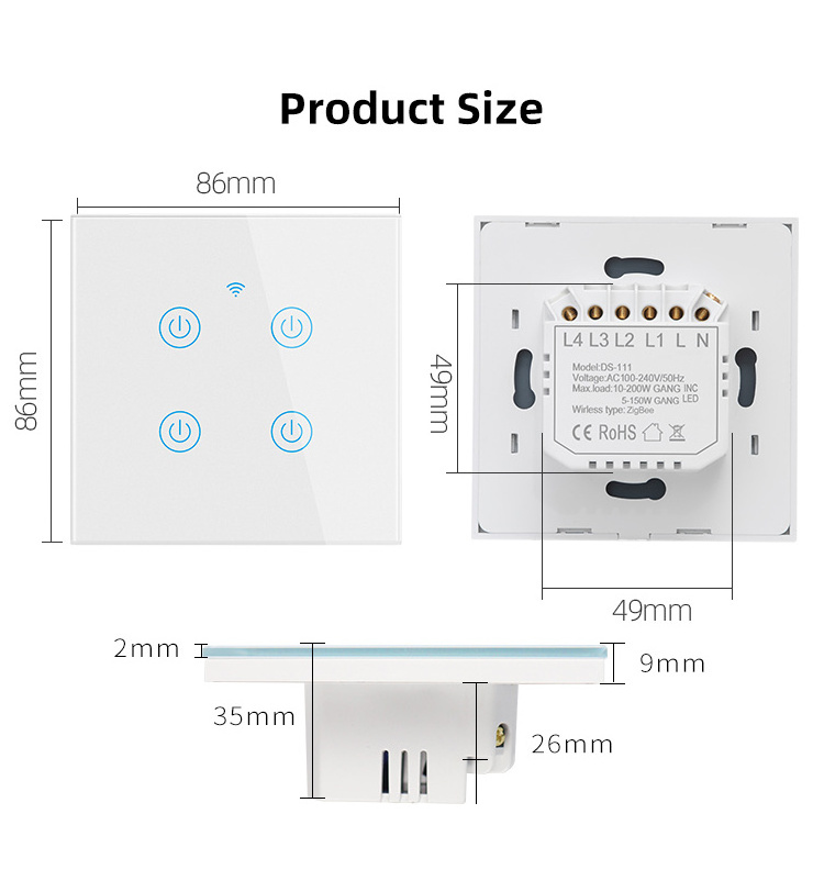 Smart Tuya Wifi Wall Touch Switch Frame Electrical Switch 4 Gangs with Aluminum 600W Wifi 4gang Light Switch and Wall Socket 10A