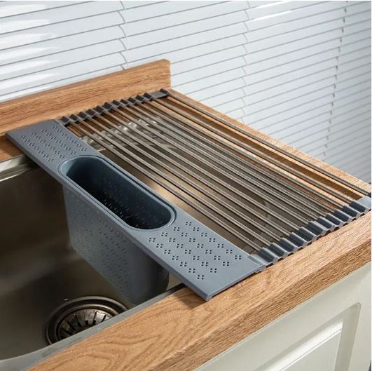 4 Different Sepc. Foldable Stainless Steel Over The Sink Dish Drainer Roll Up Sink Dish Drying Rack With Utensil Holder