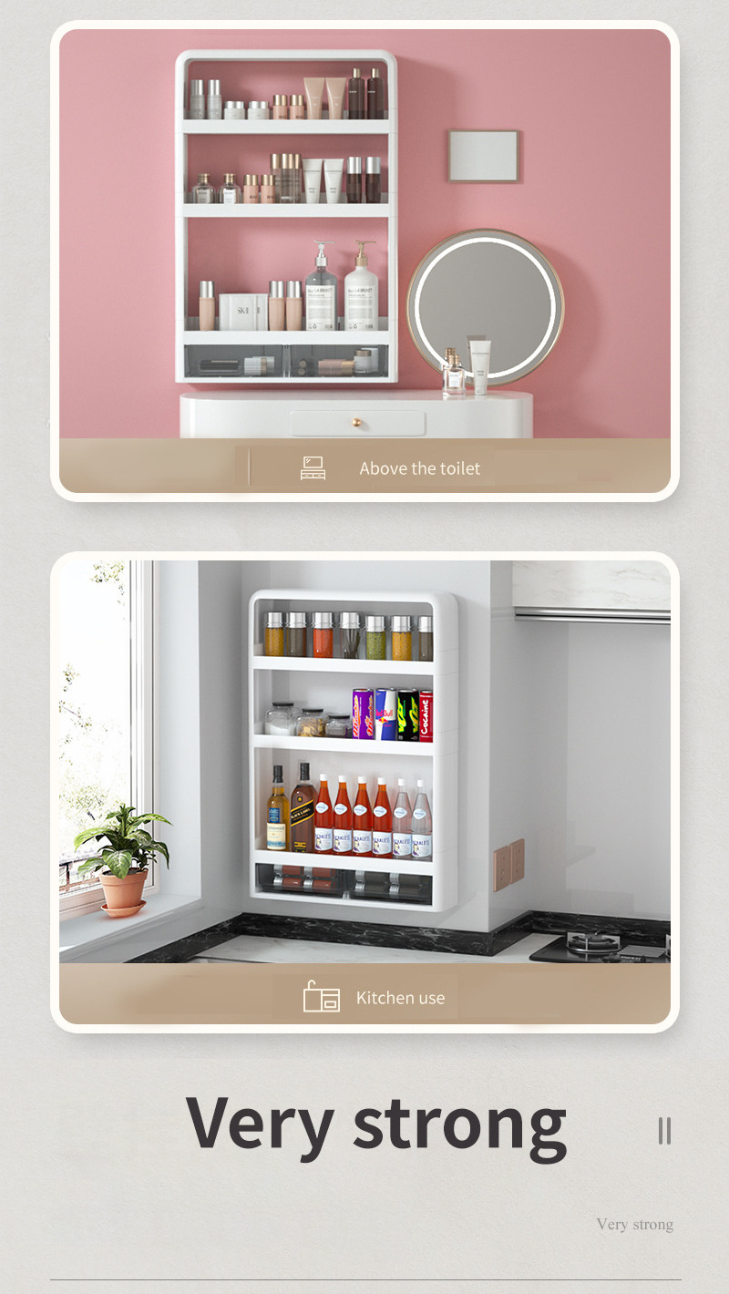 Customization Non perforated bathroom shelves with multiple layers of sturdy plastic cosmetics storage, wall mounted