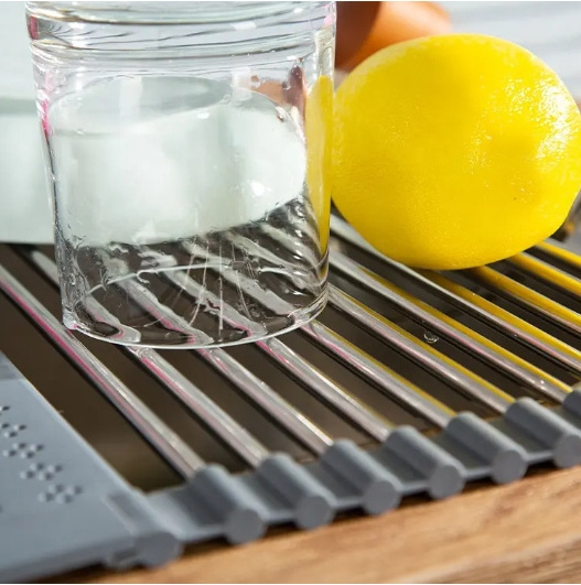 4 Different Sepc. Foldable Stainless Steel Over The Sink Dish Drainer Roll Up Sink Dish Drying Rack With Utensil Holder