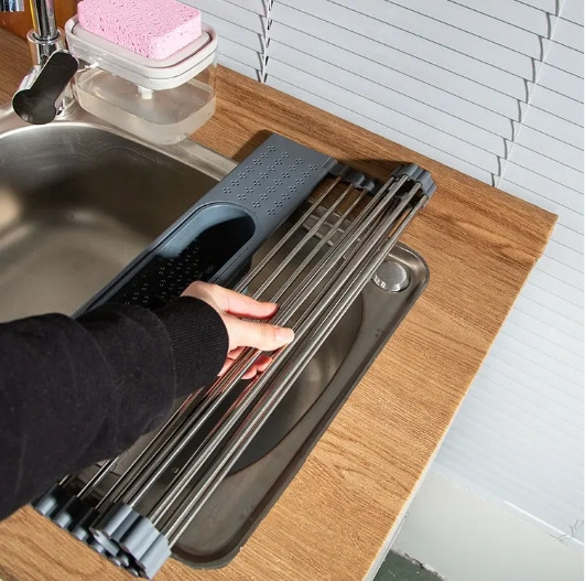 4 Different Sepc. Foldable Stainless Steel Over The Sink Dish Drainer Roll Up Sink Dish Drying Rack With Utensil Holder