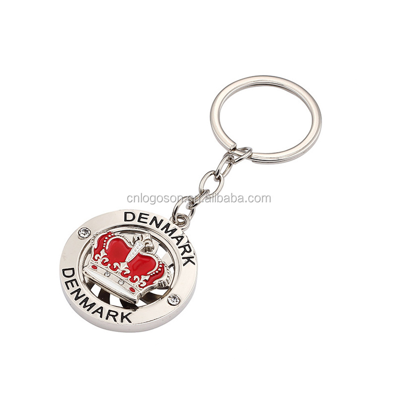 Factory Custom Keychains Logo Denmark Tourist Souvenir Royal Rotating Crown Keychain Keyrings