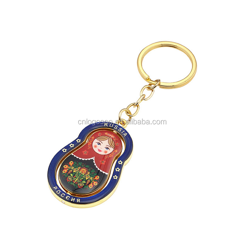 Fashion custom made round shape keyring cute russian doll matryoshka metal keychain