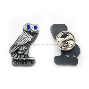 Greece anti-sliver owl shape 3D lapel pin badge custom metal emboss lapel pin manufacturers china