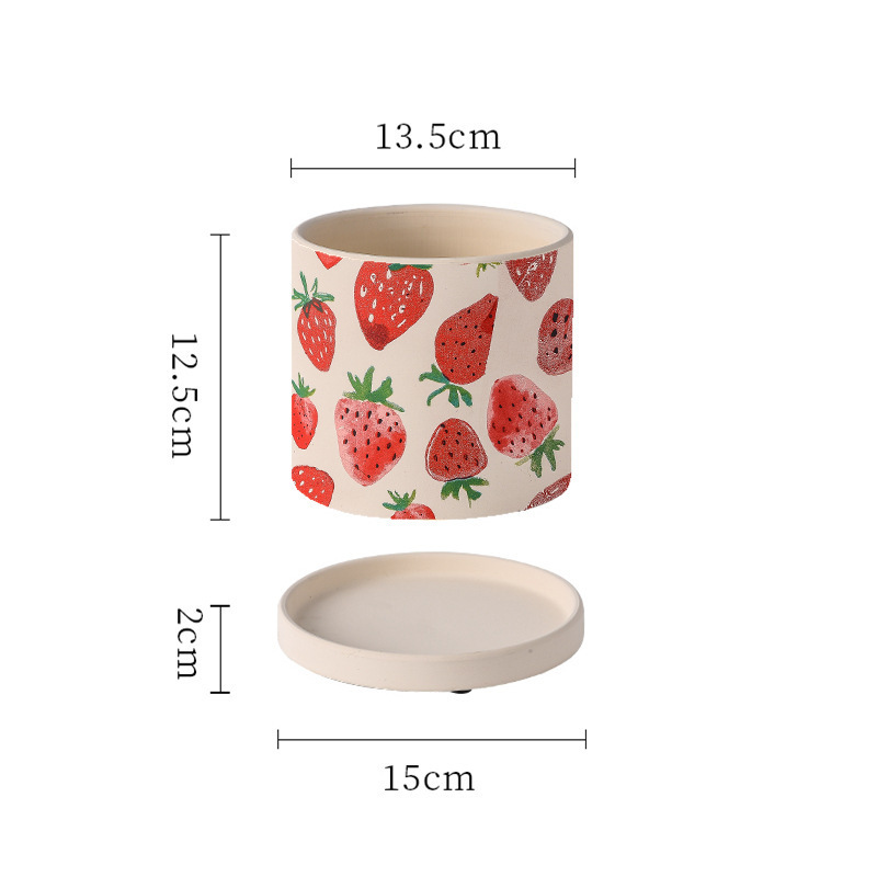 Cartoon creative fruit strawberry lemon pattern ceramic pot with tray strawberry size terracotta pot Green plant succulent pot