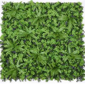 Garden Home Wall Decoration Faux Backdrop Green Mixed Leaves Vertical Artificial Grass Wall With Flower