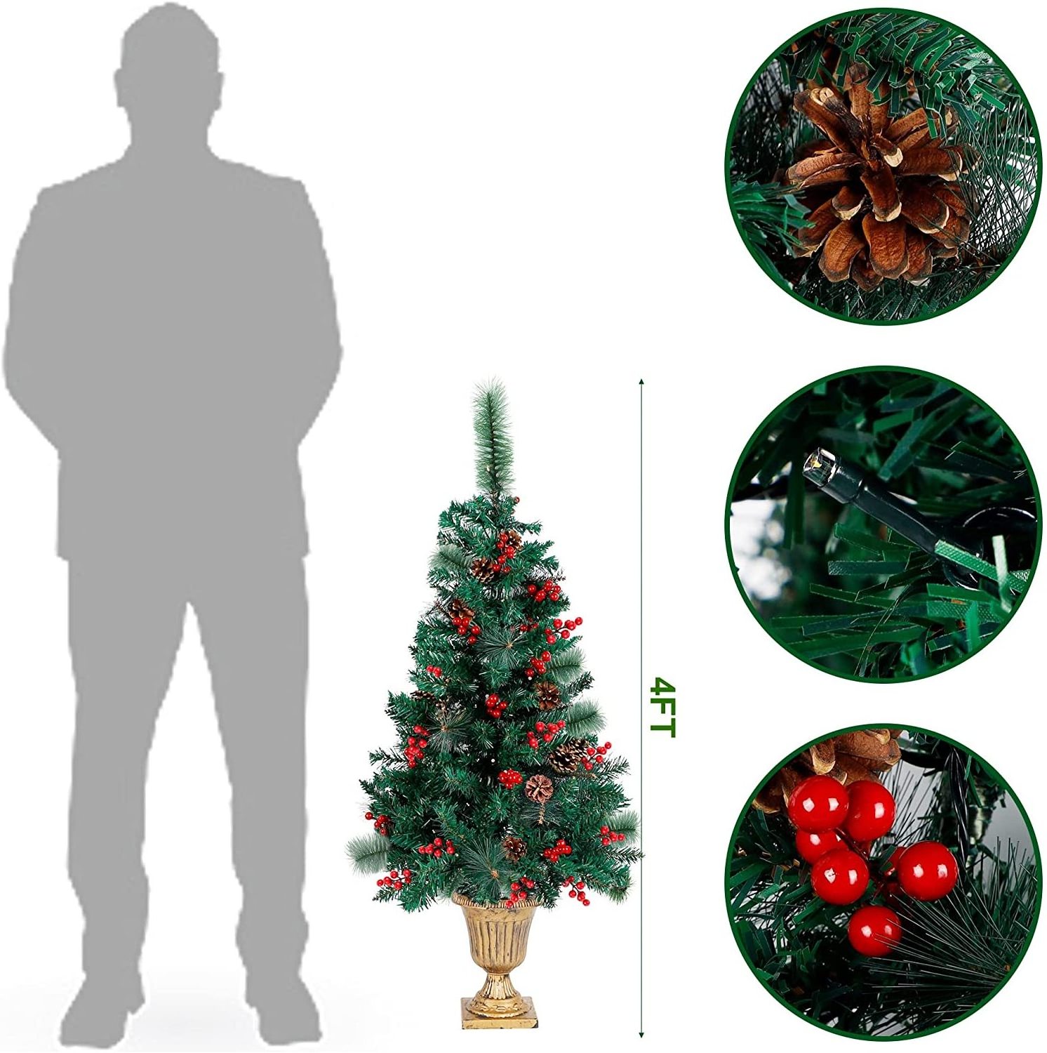 Pre-Lit 4 FT LED Fairy Lights Spruce Entrance Tree With Pine Cones Red Berries In Gold Urn Base