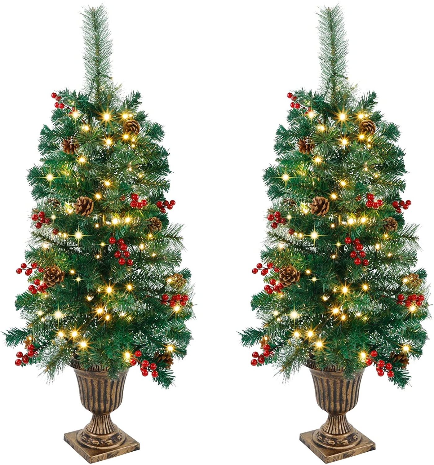 Pre-Lit 4 FT LED Fairy Lights Spruce Entrance Tree With Pine Cones Red Berries In Gold Urn Base