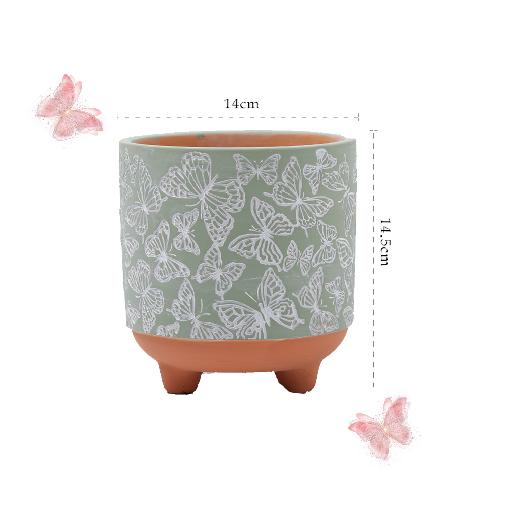 Ceramic flower garden Butterfly pattern planter pot with feet New design custom home windowsill decoration terracotta planter po