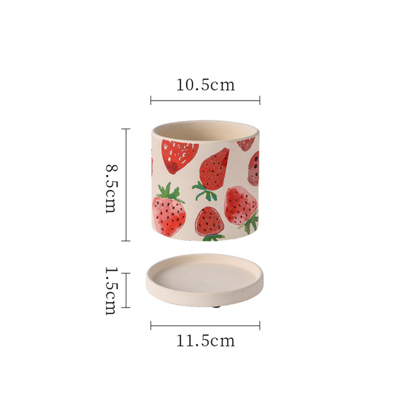 Cartoon creative fruit strawberry lemon pattern ceramic pot with tray strawberry size terracotta pot Green plant succulent pot