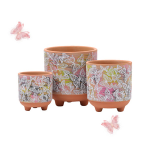 Ceramic flower garden Butterfly pattern planter pot with feet New design custom home windowsill decoration terracotta planter po