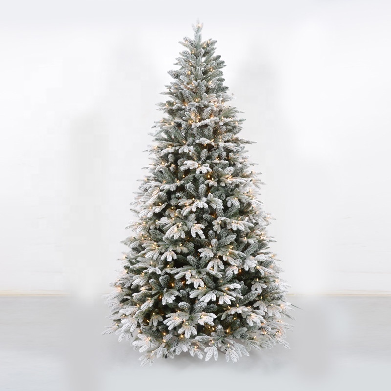 Home Hotel Shopping Mall Ornament PVC PE Mixed LED Light White Christmas Tree Snow Flocked Xmas Tree