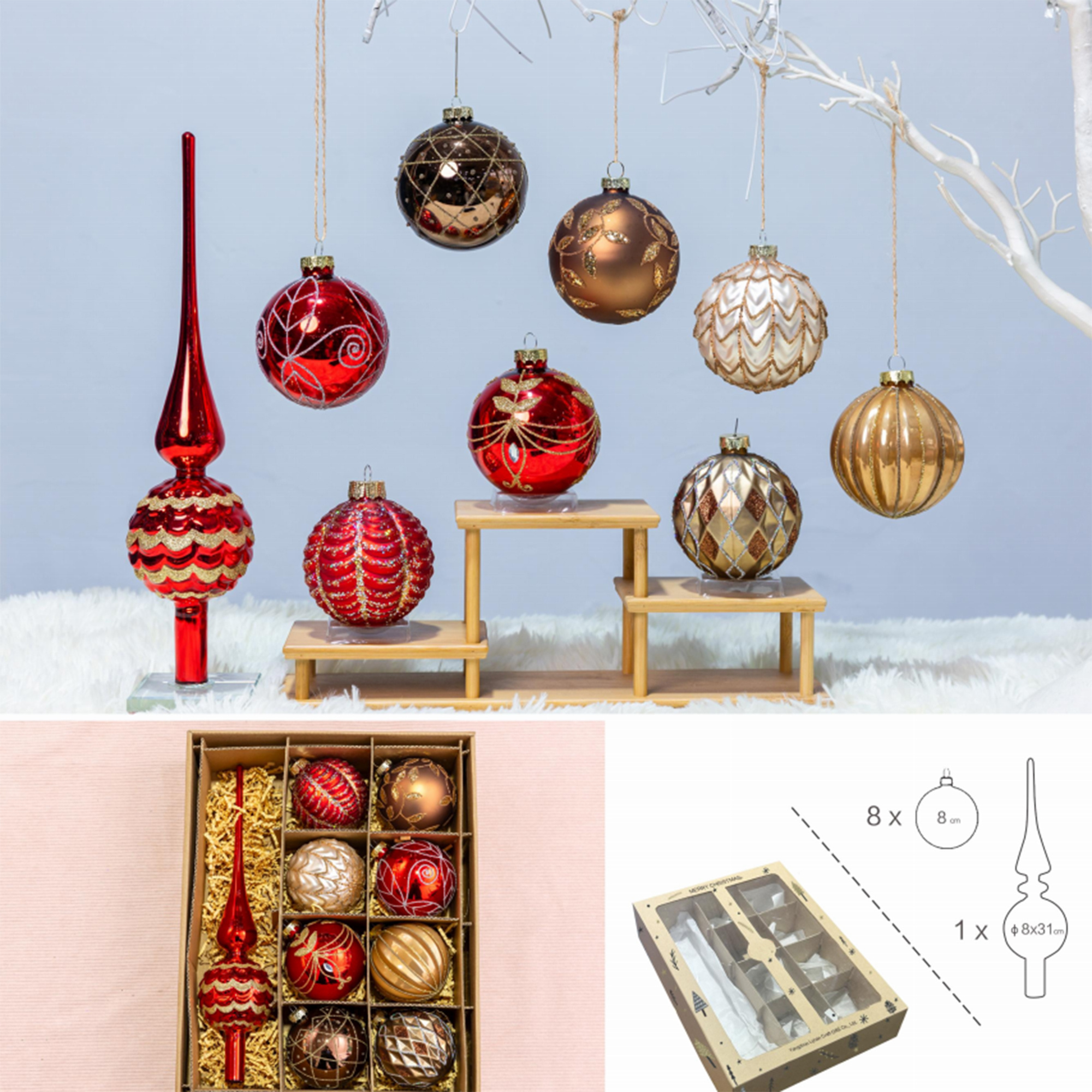 High Quality Christmas stress ball ornaments bulk Gift Box printed Christmas ball 30 cm box Ornaments with led Light