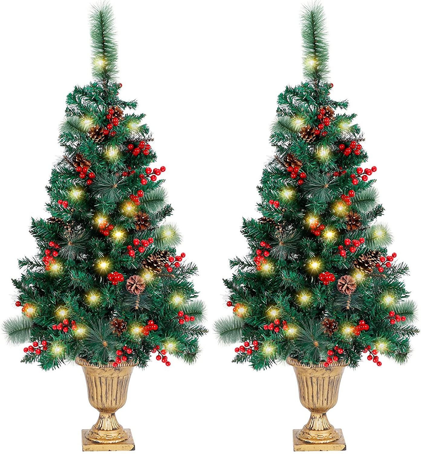 Pre-Lit 4 FT LED Fairy Lights Spruce Entrance Tree With Pine Cones Red Berries In Gold Urn Base