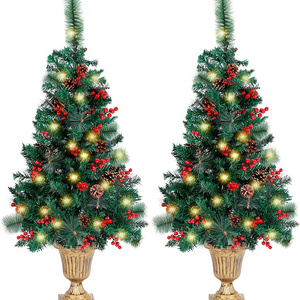 Pre-Lit 4 FT LED Fairy Lights Spruce Entrance Tree With Pine Cones Red Berries In Gold Urn Base