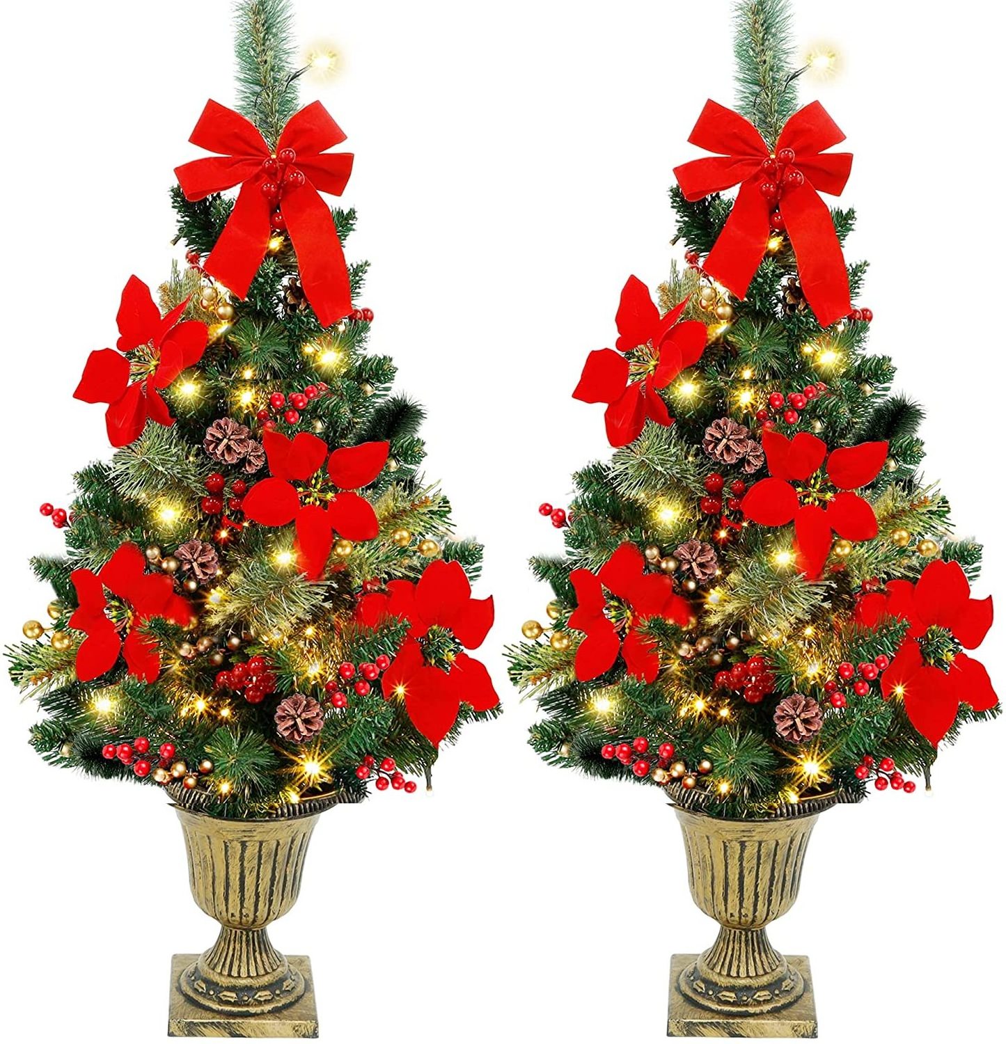 Pre-Lit 4 FT LED Fairy Lights Spruce Entrance Tree With Pine Cones Red Berries In Gold Urn Base