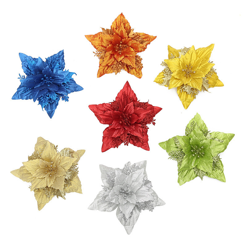 Wholesale Xmas Tree Decoration Glitter Flower Powder Flower Artificial Christmas Decorative Flowers