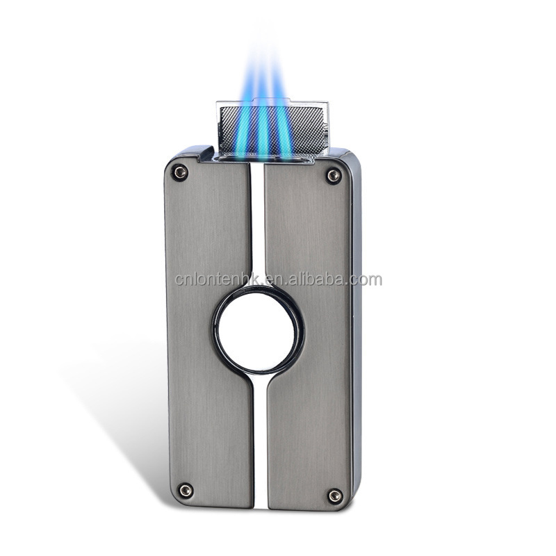 Factory Customized Logo Zinc Alloy 3 Jet blue Flame Windproof Torch Silver Lighter Cigar lighters for Cigarette