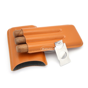 Handmade Hot sale Leather Cigar 3 fingers holder with Cigar Cutter travel cigar case